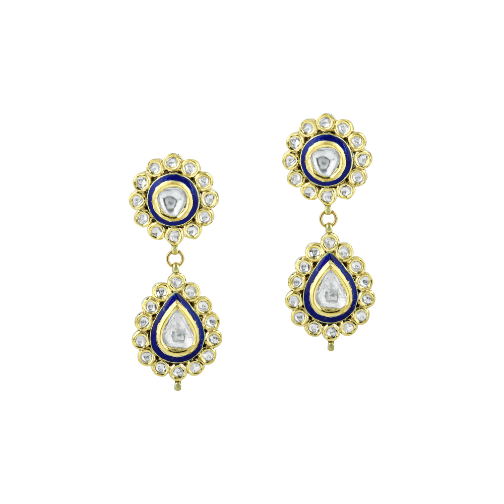 Polki Earrings with Blue Enamel and Drop